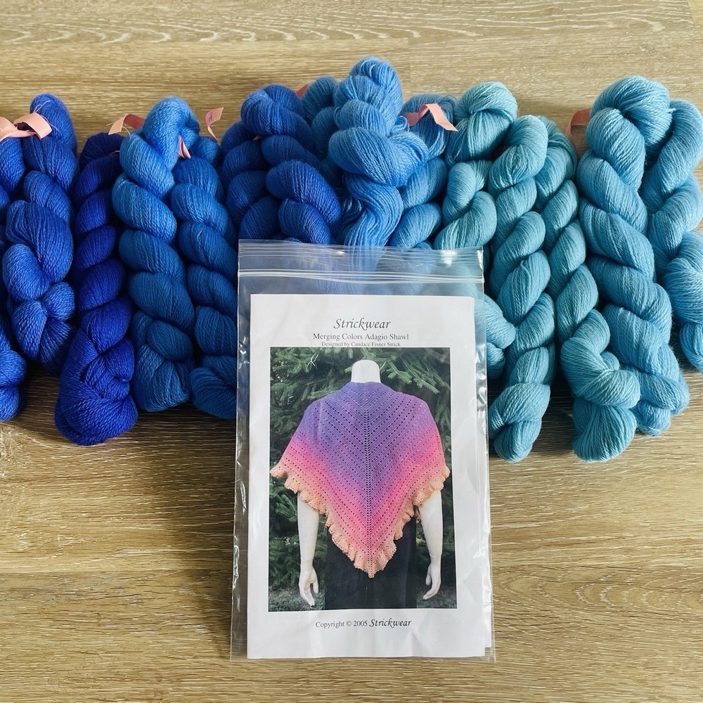 Strickwear Merging Colors Adagio Shawl Kit 100% Merino Yarn & Pattern Blueberry